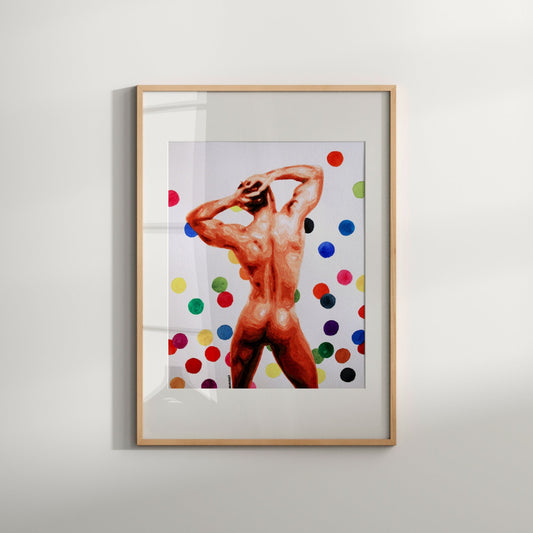 The image displays a striking Giclée print titled "Butt with Polka Dot," featuring an artistic representation of a muscular nude male figure. The figure is painted with a vibrant, multicolored polka dot pattern, creating a visually captivating contrast against the white background.