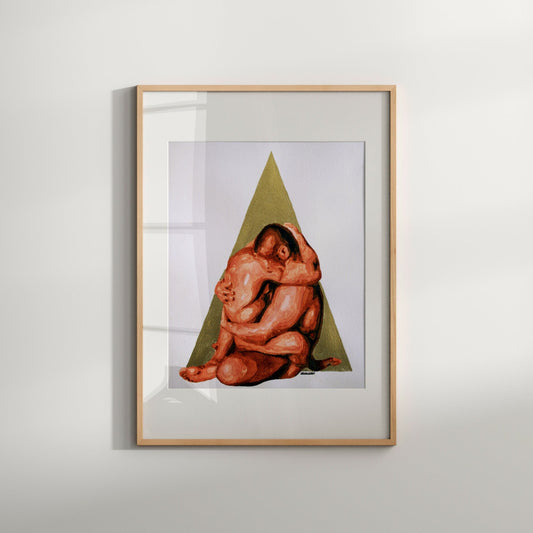This image features a striking section of the "Pyramid Love 2" wall art print, showcasing an artistic depiction of a gay couple in a sensitive and intimate pose under a geometric pyramid. The print is rendered in a warm, earthy tone, emphasizing the human figures and the geometric shape, which adds an abstract and thought-provoking element to the piece.