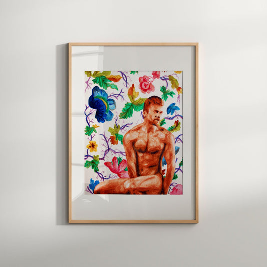 This image features a vibrant and colorful limited edition Giclée print titled "Male with Spring Flowers." It depicts an artistic rendering of a nude male figure, delicately surrounded by a vivid array of spring flowers.
