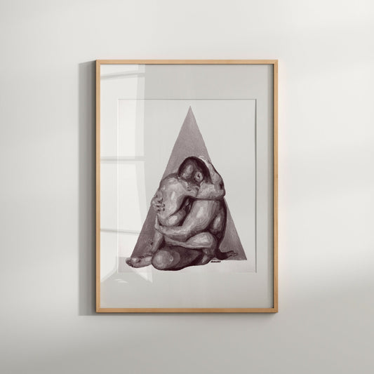 A black and white print of a gay couple under a pyramid, framed in a simple wooden frame.