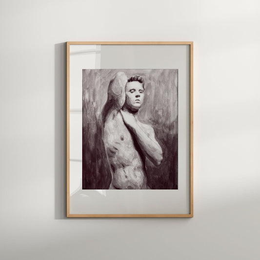 Black and white art print of a nude male figure with red hair, framed in a simple wood frame.