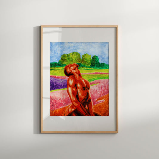 This image features a vibrant and colorful art print titled "Love Blossoms in the Garden." The print depicts a same-sex couple in a nature-inspired setting, surrounded by lush greenery and a picturesque landscape.