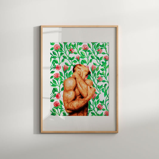 This image features a striking handmade print titled "Flowers wallpaper," showcasing an artistic blend of erotic elegance and floral artistry. The print captures a male figure, rendered in a soft, realistic style, enveloped in a vivid and detailed depiction of spring buds and flowers.