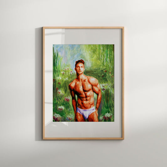 Nude Male Gay Wall Art - a handcrafted Erotic Print of a Muscle Man in a Garden. Perfect for LGBTQ Decor