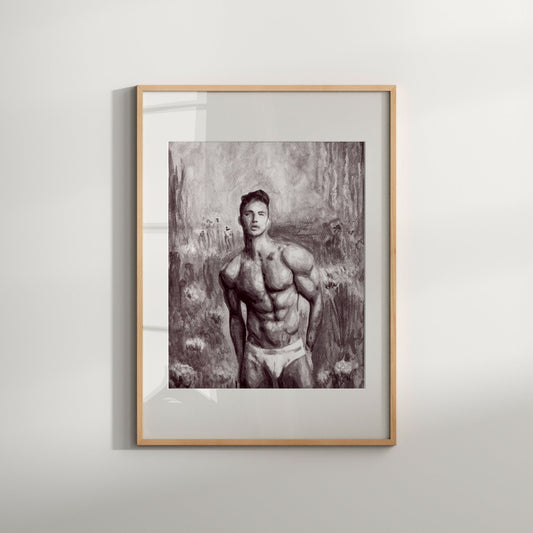 A black and white art print of a muscular man posed in a garden setting, signed and numbered by the artist.