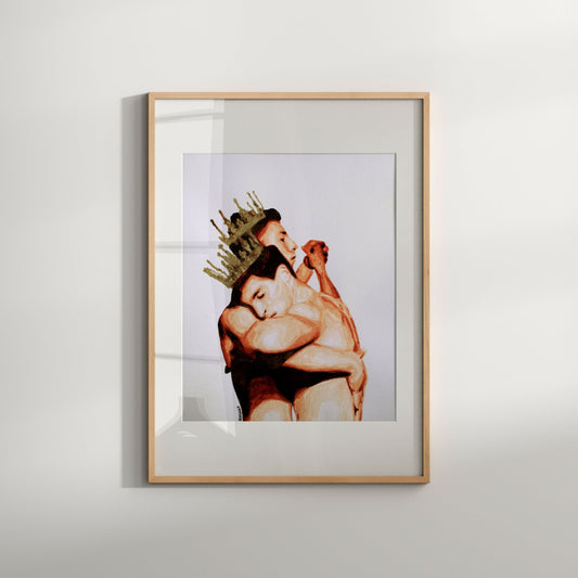 A framed watercolor print featuring a same-sex couple with crowns on their heads, embracing each other.