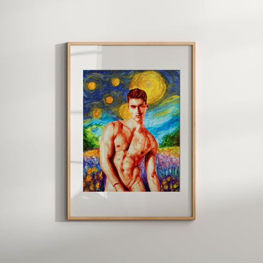 This image features a striking section of the "Stormy Night Passion" wall art print. The artwork depicts a nude male figure, portrayed in a vibrant and colorful style against a backdrop of a starry night sky.