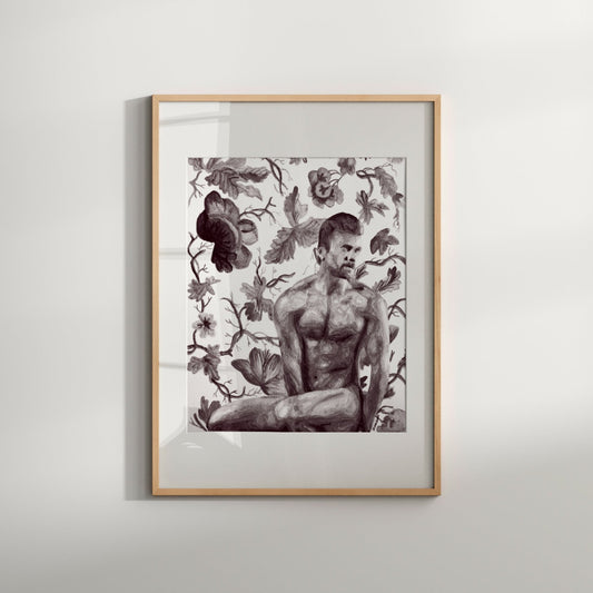 This image features a striking piece of art titled "Male with Spring Flowers 2," presented in a simple, elegant black and white color scheme. The artwork depicts a nude male figure seated among a vivid array of spring flowers, creating a sense of harmony and natural beauty.