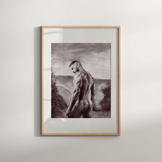 This print depicting an artistic rendering of a nude male backside against a picturesque sunset background. The print is framed in a simple, light wooden frame that enhances its visual impact.