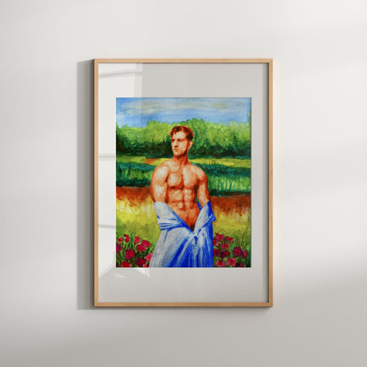 Topless Nude Male in Flower Garden Watercolor Art Print is a beautiful and intimate Same-Sex Couple Gift or Gay Wall Art decor. Expertly crafted with vibrant colors