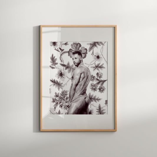 This image features a striking black and white print titled "Male from Behind," showcasing a nude male figure depicted with delicate, vibrant spring flowers. The artwork combines a sensual male figure with an elegant floral backdrop, creating a captivating and visually appealing piece.