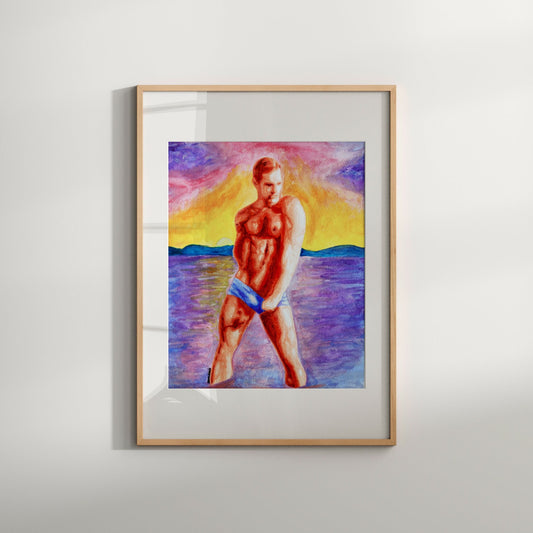 Muscular Man Sunset Gay Wall Art, Nude Male, Erotic Print, LGBTQ Handmade Decor with Custom Gift, Perfect Same-Sex, Queer Romantic Present