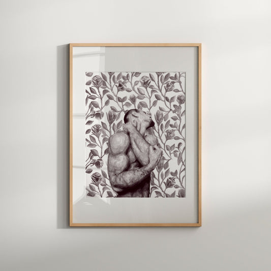 This image features a striking black and white handmade erotic print, showcasing a nude male figure surrounded by delicate spring buds. The artwork is rendered in a soft, monochrome palette, emphasizing the play of light and shadow across the figure's muscular form.