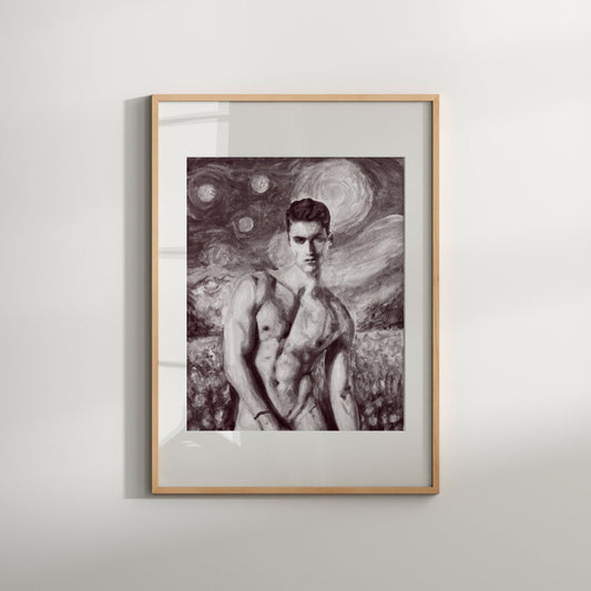 This print depicts a nude male figure, portrayed in a vibrant and colorful style against a backdrop of a starry night sky in black and white colors