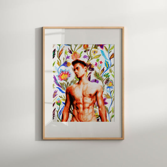 The image displays a vibrant and colorful art print titled "Male with Spring Flowers." It features an illustration of a nude male figure, surrounded by a lively and detailed floral pattern that adds a striking and artistic element to the piece.