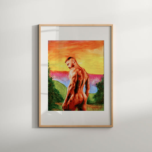 This image features a striking art print titled "Sunsets," depicting a vibrant and colorful sunset scene. The artwork focuses on a nude male figure, rendered in a soft, warm palette with bold strokes that highlight the muscular texture and form of the figure.