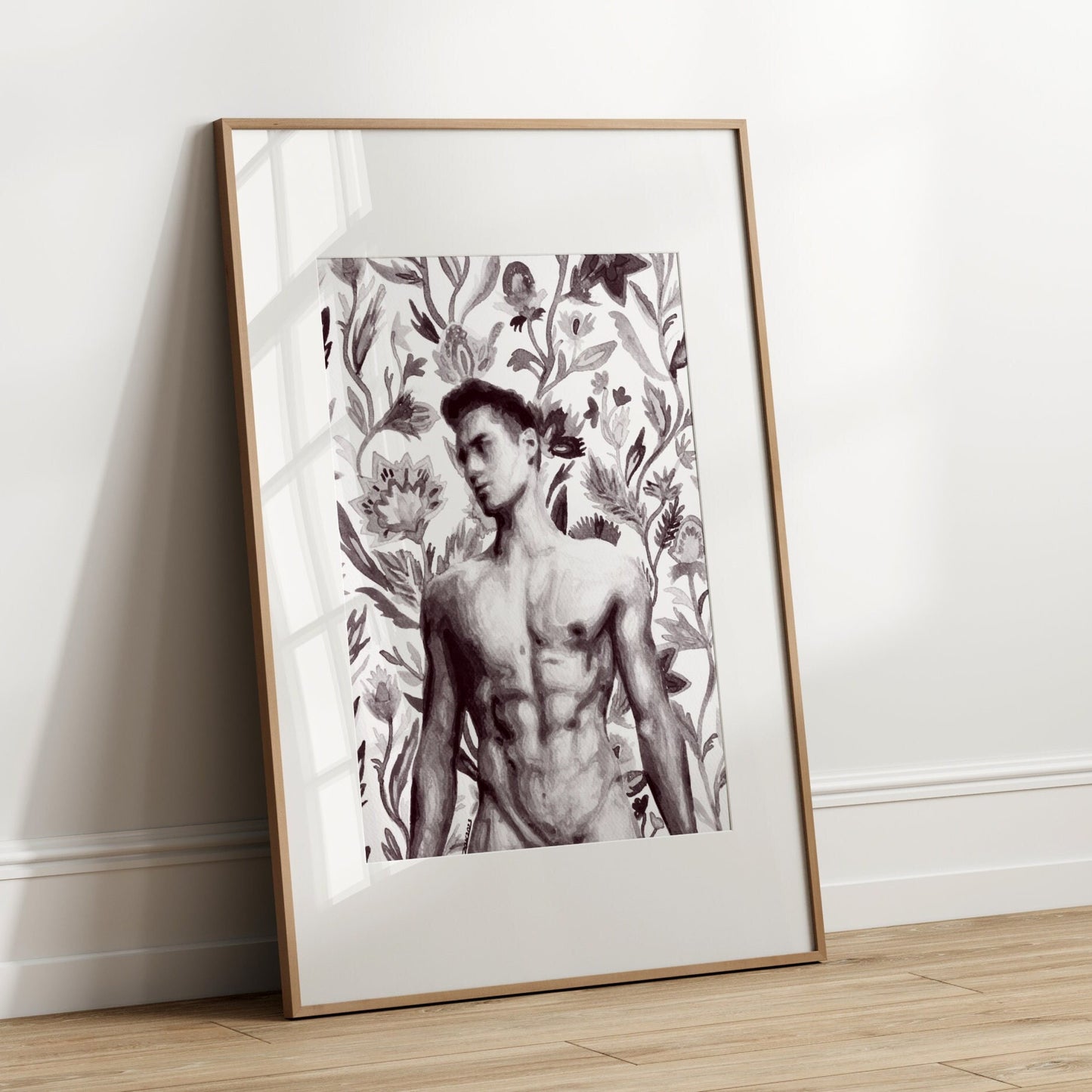 The Nude Male with Spring Flowers print is a stunning addition to any home, with black and white and striking imagery