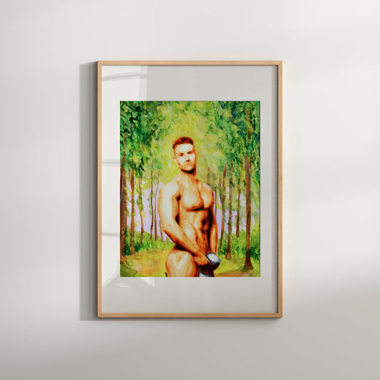 This image features a vibrant and colorful art print titled "In Jungle 2," showcasing a nude male figure set against a lush, green jungle background. The figure is depicted in a contemplative pose, with a subtle use of color that highlights the natural beauty of the scene.