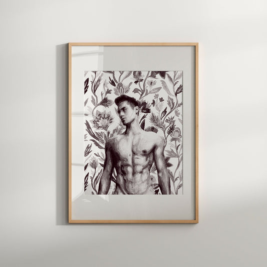 The Nude Male with Spring Flowers print is a stunning addition to any home, with black and white and striking imagery