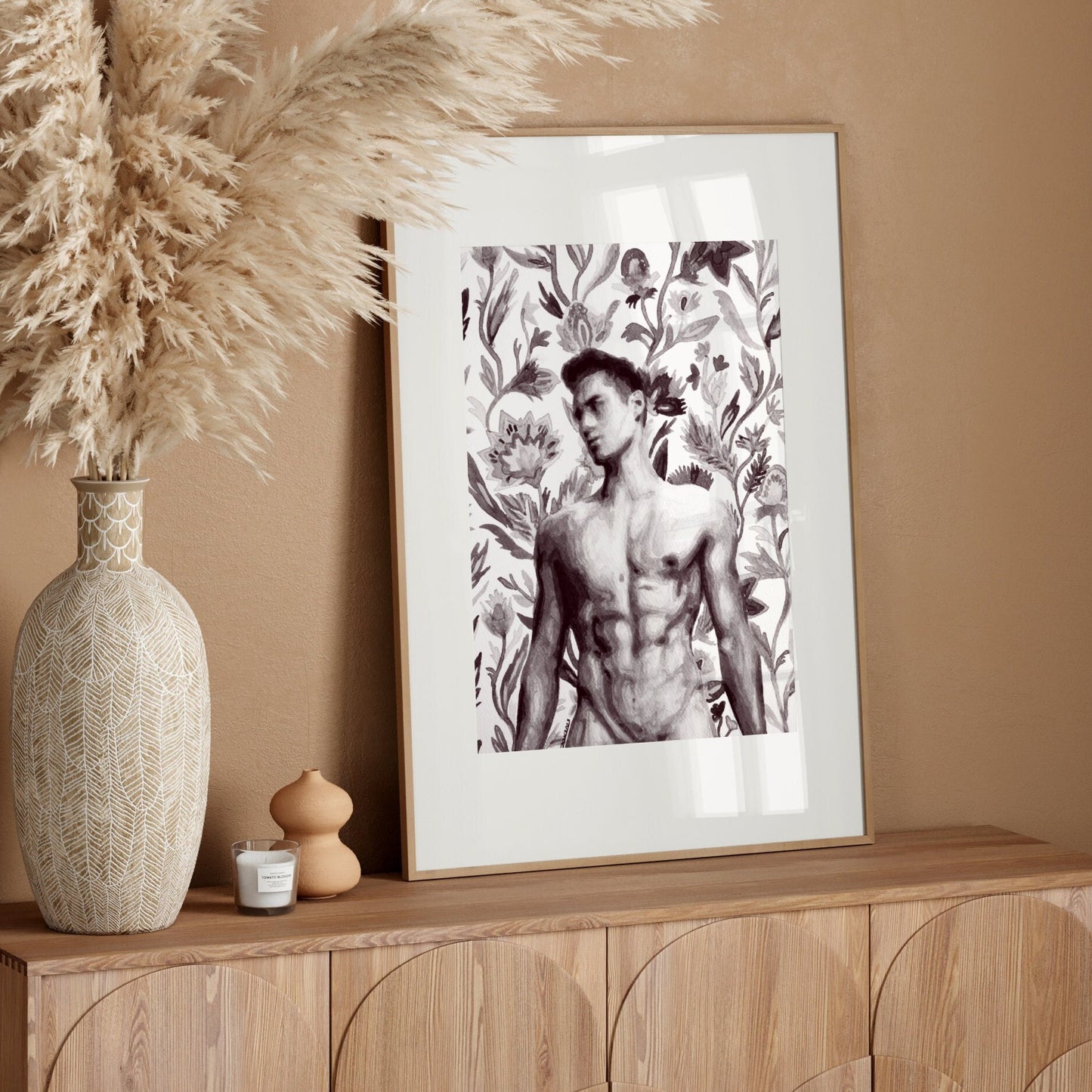 The Nude Male with Spring Flowers print is a stunning addition to any home, with black and white and striking imagery
