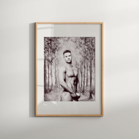 This image features a striking black and white art print titled "In Jungle," portraying a nude male figure. The artwork is a Giclée reproduction of an original painting, highlighting the beauty of a male form in a natural, forest-like setting.
