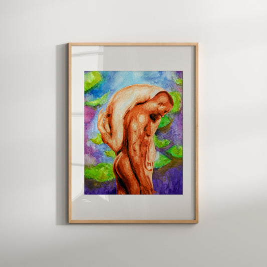 This image features a stunning hand-made watercolor print titled "Carrying Me," depicting an intimate and romantic scene of a same-sex couple. The artwork is rich in vibrant colors and striking imagery, capturing a moment of vulnerability and strength.