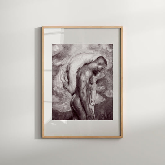 A black and white art print featuring a same-sex couple in a romantic pose, with a cloudy sky in the background.