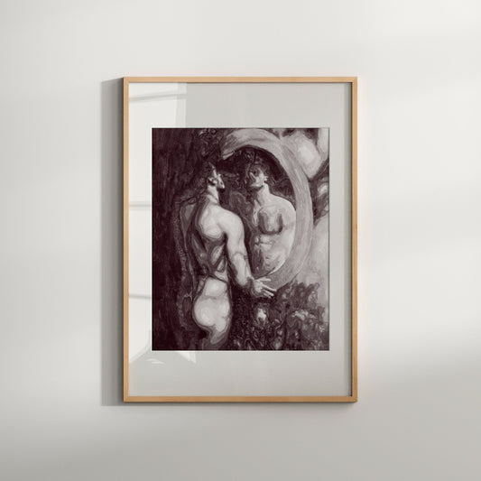 A black and white art print featuring a nude male from behind, with a reflective and contemplative pose, framed in a light wood frame.