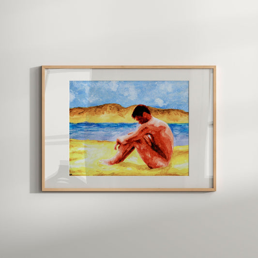 This image features a vibrant and striking art print titled "On Beach," which depicts a nude male figure seated on a beach under a blue sky. The figure, who appears to be looking out to the ocean, is portrayed in a blend of warm and cool hues, enhancing the painting's lively and expressive feel.