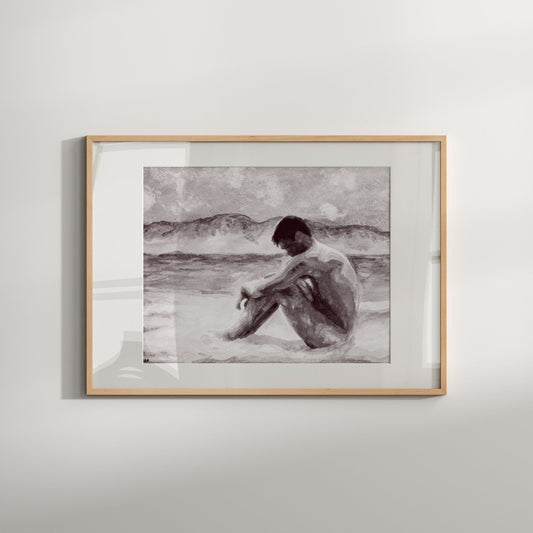 nude male sitting on the beach. Ideal for lovers of LGBT gay wall art and erotic art