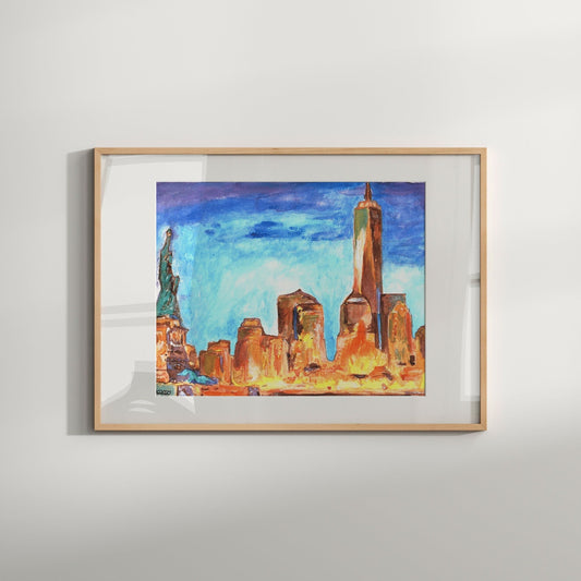 A framed artwork featuring a colorful skyline of New York City, with a prominent Statue of Liberty and a vibrant blue sky.
