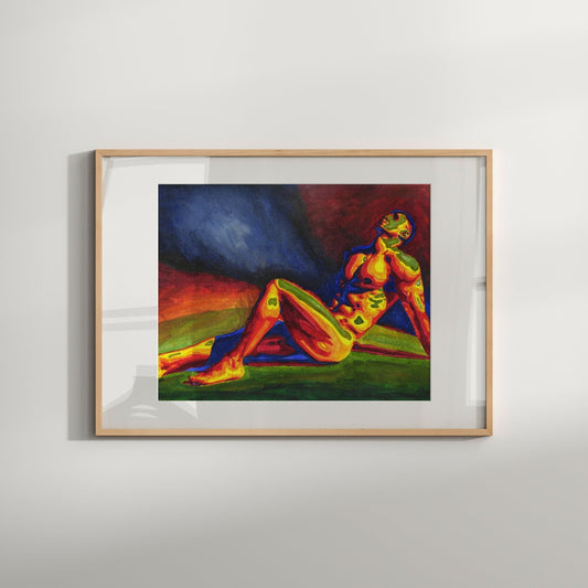 This image features a striking watercolor painting titled "Twilight," portraying a male figure in a vibrant and abstract style. The artwork is rendered in a palette of bold, warm colors, with shades of blue, orange, and green, creating a sense of movement and emotion.