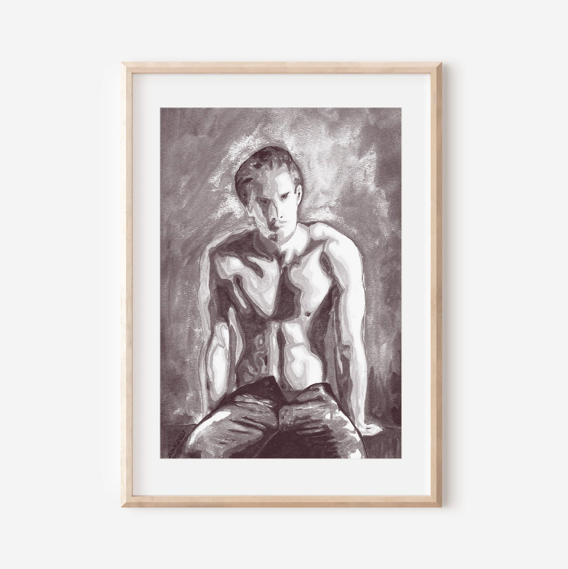 This image displays a framed art print titled "On the Bench," featuring a striking black and white depiction of a nude male figure. The artwork is characterized by soft, realistic lines that highlight the contours and form of the figure, creating a sense of depth and texture.