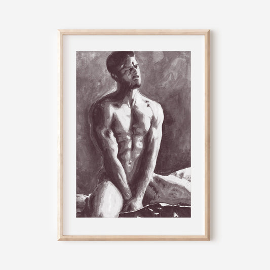 This image features a striking black and white art print of an abstract nude male figure. The print is rendered in a minimalist style, emphasizing the contours and subtleties of the human form through a monochromatic palette.