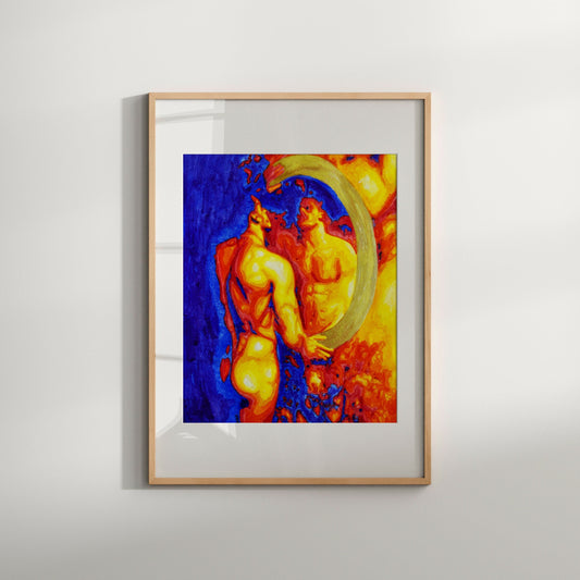 This image features a striking print titled "Self Reflection," showcasing a vibrant and abstract depiction of a nude male figure. The artwork is characterized by bold, warm colors and an expressive use of light and shadow, creating a sense of movement and emotion.