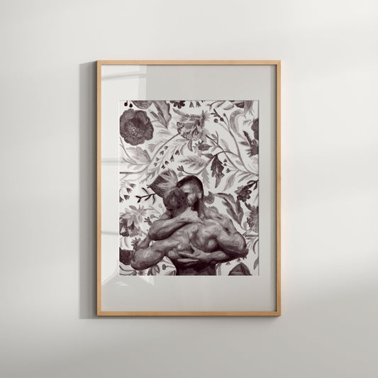 A framed artwork featuring a nude male couple with spring flowers, in black and white colors.