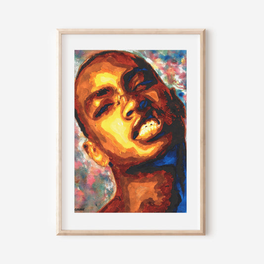 A framed artwork featuring an abstract portrait of a male figure with vibrant colors, signed and numbered by the artist.