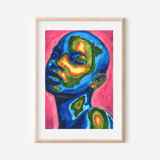A colorful artwork of a woman's face with abstract and geometric patterns, framed in a light wood frame.