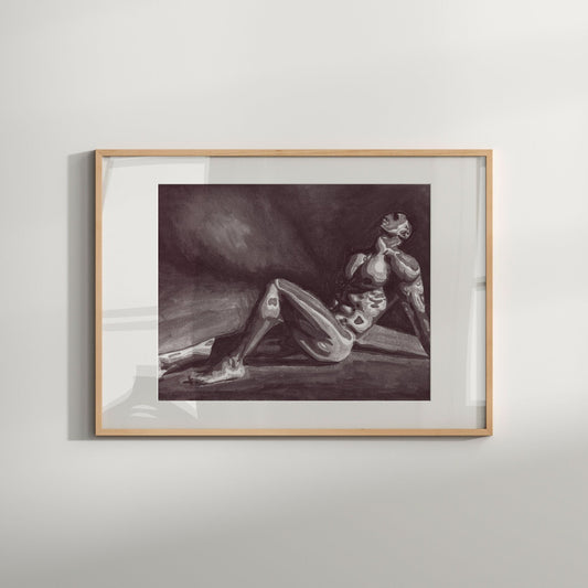 This image features a striking black and white watercolor painting titled "Twilight." It depicts a male figure in a contorted, erotic pose, with a focus on the play of light and shadow across the figure's muscular form.