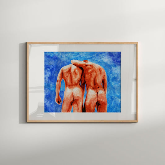 This image displays a striking piece of wall art titled "Butts," which features a vivid and colorful depiction of a male nude form. The artwork is rendered in bold and expressive colors, highlighting the contours and shape of the figure in a way that is both artistic and provocative.