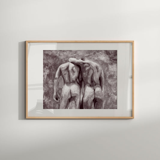 This image features a striking black and white print titled "Nude Butts 2," depicting an artistic and sensuous portrayal of a gay couple. The print captures the duo in a poised, intimate embrace, emphasizing the graceful curves and strong, confident lines of the figures.