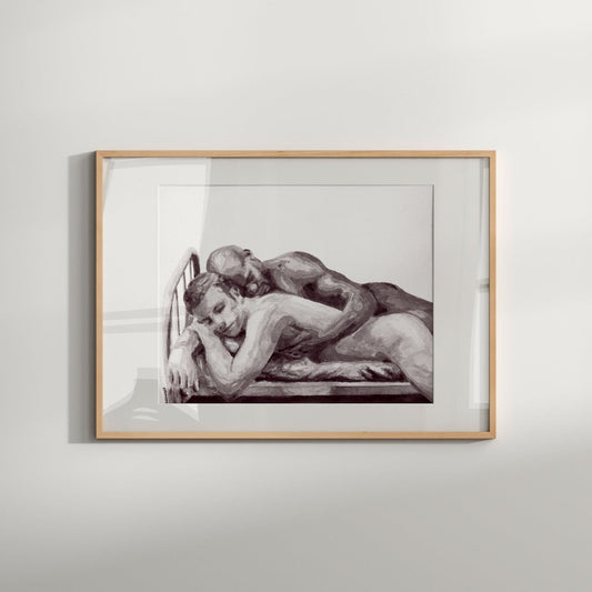 A black and white watercolor print featuring a romantic scene with a man and a man, framed in a simple white frame.