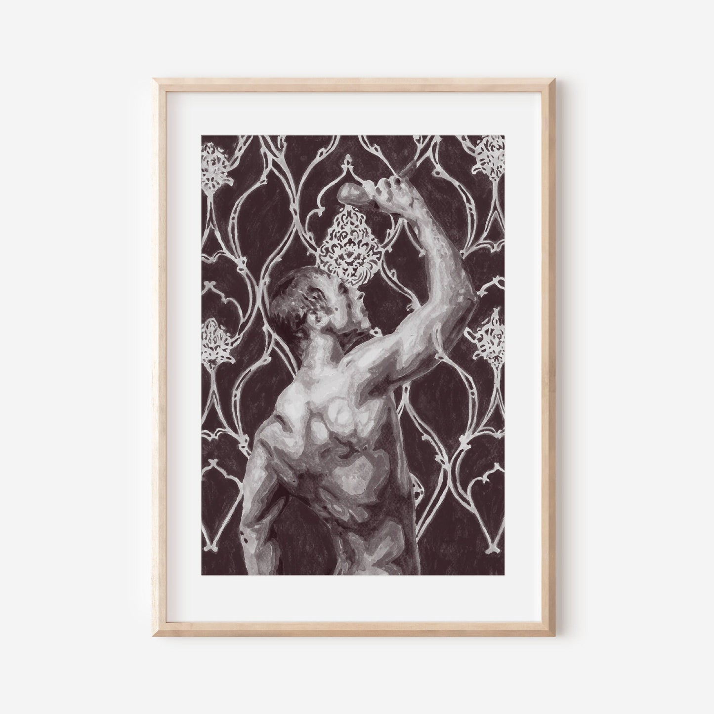 This image features a striking black and white wallpaper showcasing a male nude figure in a dynamic, erotic pose. The wallpaper is a Giclée print of an original painting, highlighting the beauty of the human form through a vintage art lens.