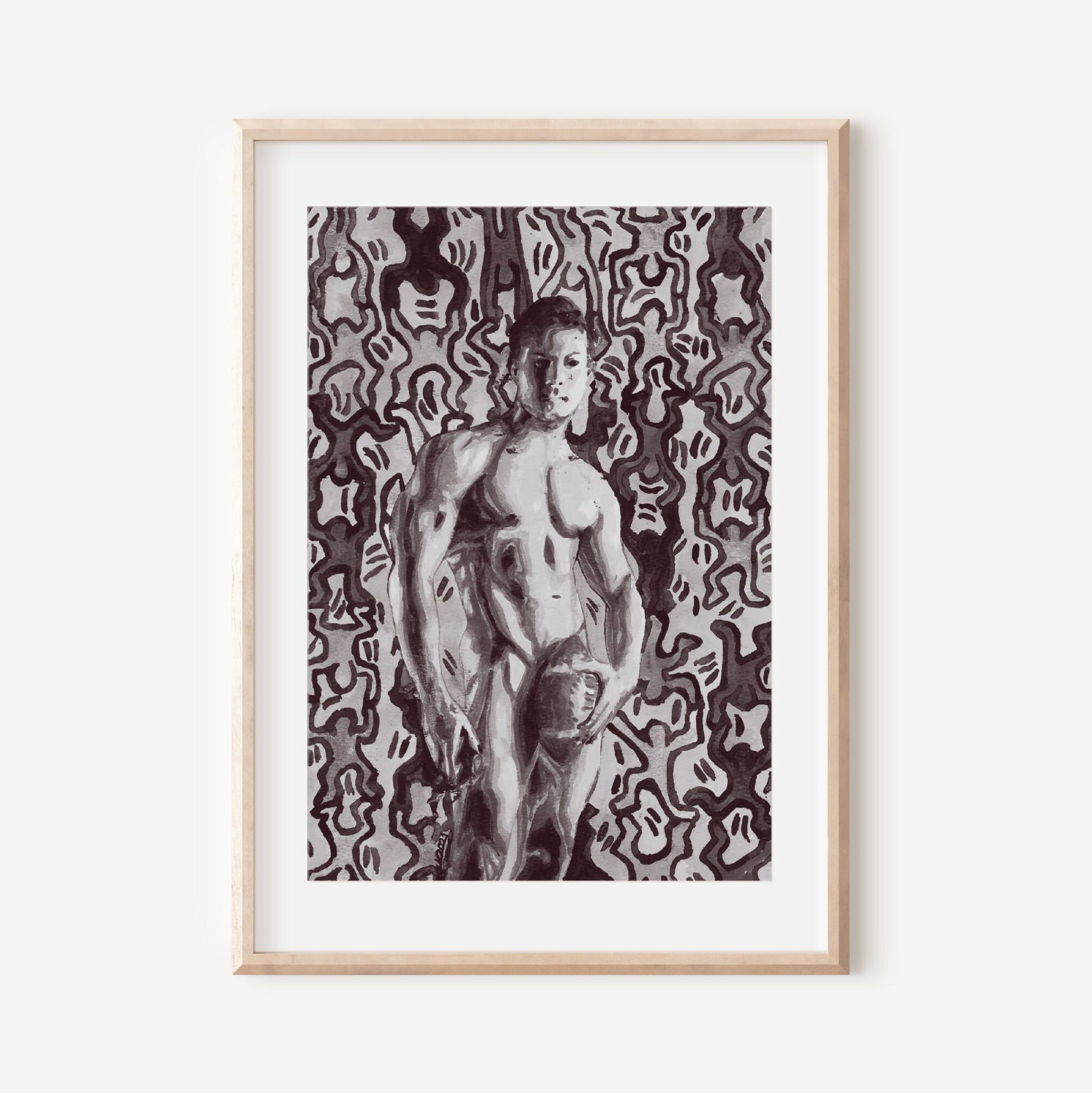 This image features a striking black and white art print of a painting by Keith Haring, presented in a simple, elegant frame. The artwork captures a male figure in a provocative pose, set against a patterned background that enhances the visual drama of the figure.