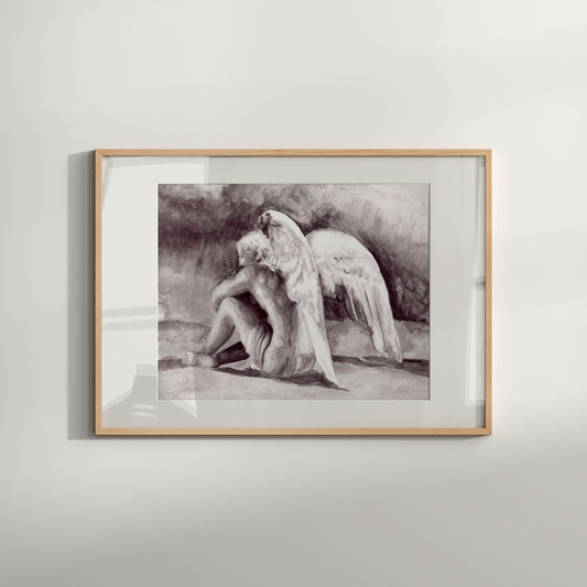 Angel and Sunset Black & White Art Print