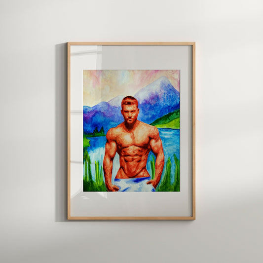 This image features a captivating art print titled "In Mountains," showcasing a vibrant and colorful depiction of a masculine male figure set against a scenic mountainous backdrop. The artwork is rendered in a watercolor style, with bold, dynamic colors and a striking use of light and shadow to highlight the contours and muscular form of the figure.