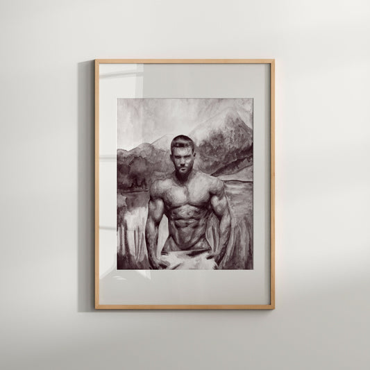 A black and white art print featuring a stylized, muscular male figure against a mountainous landscape.