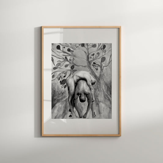 A black and white art print featuring a stylized tree with fruit and a same-sex couple embracing in the center.