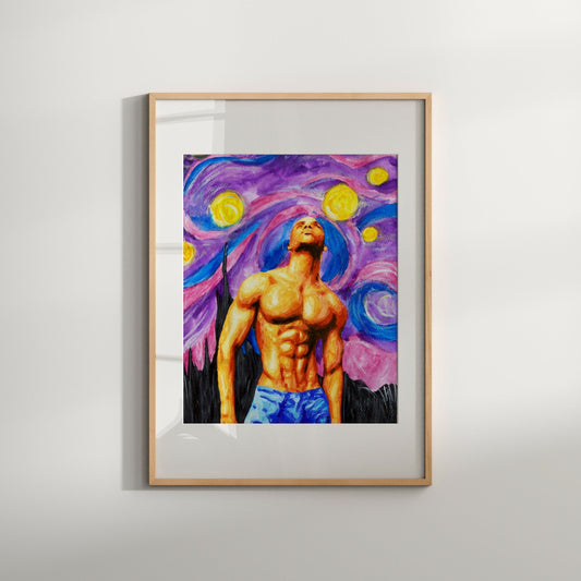 The image displays a framed art print titled "Stormy Night Passion," featuring a vibrant and colorful depiction of a shirtless male figure set against a dynamic, swirling background of stars and neon hues. The artwork, reminiscent of Van Gogh's 'Starry Night,' showcases bold, expressive brush strokes and a blend of pious and erotic themes.