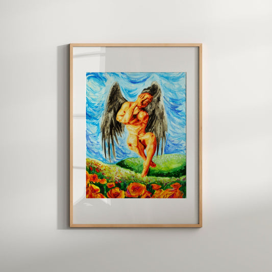 A framed art print featuring an angelic figure with wings, sitting on a grassy surface with a vibrant blue background and red flowers scattered around.